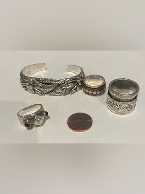 Sterling Silver bracelet and 3 rings, all sterling 925